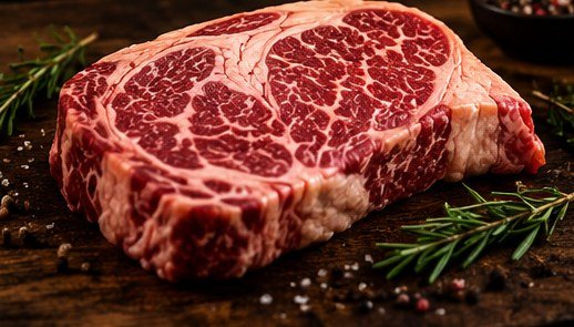 Rib eye marmoleado sobre tabla de madera