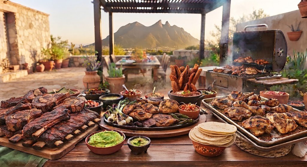 Mesa de carne asada norteña con costillar, pollo al carbón, cebollitas, guacamole y tortillas, con el Cerro de la Silla al fondo
