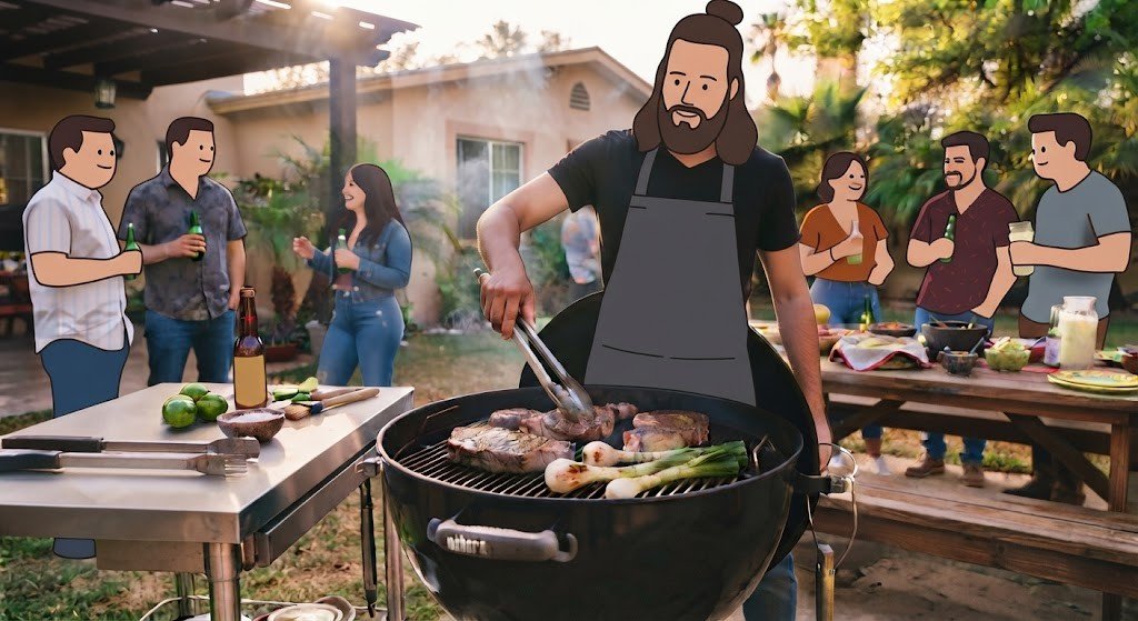 El parrillero de El Nómada de Fuego en el asador con amigos durante una carne asada en el patio