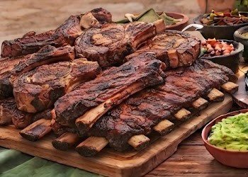 Costillar asado al carbón sobre tabla de madera